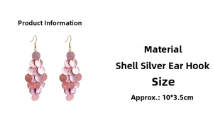 Detailed size specifications for pink shell tassel earrings with silver hooks