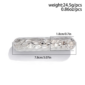 Silver geometric metal hair elastic with hammered texture finish and dimensions shown