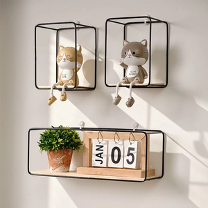 Nordic wall mounted iron floating shelves set with wooden base for home decor