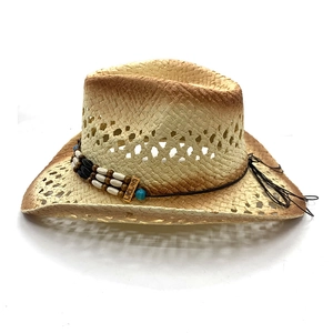 Retro western woven straw cowboy hat with ethnic bead trim and gradient finish