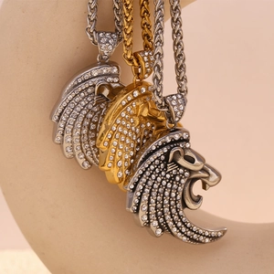 Collier pendentif tête de lion hip hop en or 18 carats et argent avec cristaux