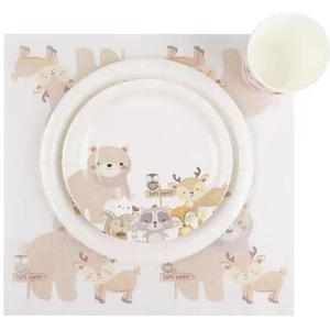 Jungle animal themed party supplies set with bear and fox motifs on plates and cups