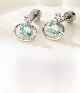 Macro shot of silver Saturn earring with light blue zircon and detailed dimensions