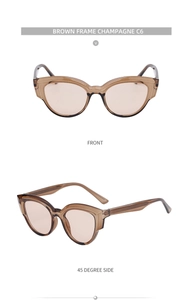 Front and side view of cat eye sunglasses with translucent brown frames and champagne lenses