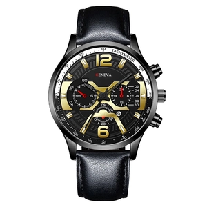 Geneva men's chronograph watch with black leather strap and black gold dial features