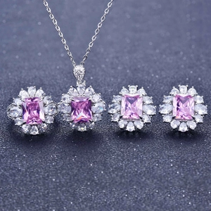 Pink ascher cut crystal jewelry set with halo necklace and stud earrings in silver