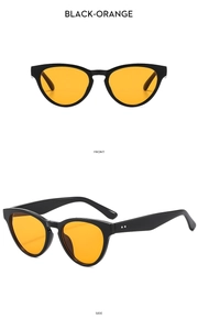 Front and side view of cat-eye sunglasses with black frame and orange lenses