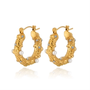 Boucles D'Oreilles Créoles En Forme De C Texturées Acier Inoxydable Plaqué Or 18K Künstliche Perle Cristal Bijoux Vintage Pour Femmes