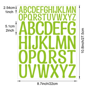 Detailed view of green vinyl letter stickers in 1 and 2 inch sizes with dimensions