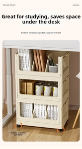 Three-tier beige storage cart with large openings and quiet swivel wheels for desk use