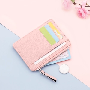 Women Ultra Slim Card Holder Wallet Litchi Texture PU Leather Zipper Coin Purse Small Minimalist Credit Card Case
