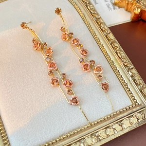 Close-up of golden rose tassel earrings with rhinestones displayed in a vintage frame