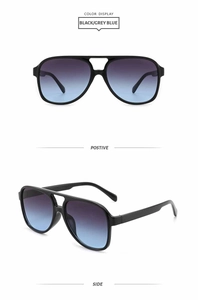 Detail of pilot sunglasses with black frame and grey-blue gradient lenses in multiple views