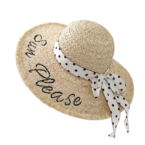 Chic raffia sun hat with polka dot ribbon and Sun Please embroidery for summer