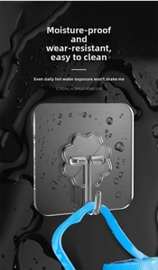 Nahaufnahme wasserfester transparenter Klebehaken mit Acrylbasis und Metallhaken