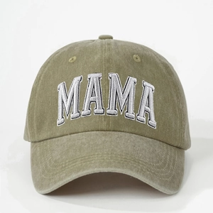 Olive green washed cotton baseball cap with white MAMA embroidery and adjustable strap