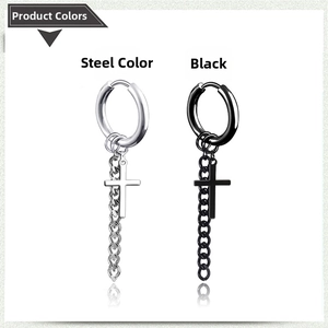 Detail of steel and black cross dangle earrings with chains for men and women