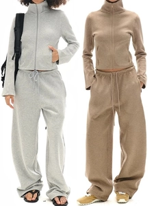 Women Zip Up High Neck Jacket And Wide Leg Pants Tracksuit Polyester Modal Spandex Blend Casual Streetwear Solid Color