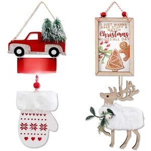 Christmas wooden truck and reindeer plush ornaments with Happy Holidays text signs