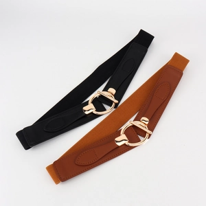 Elastic waist belts for women in black and brown featuring golden metal horse-bit buckles