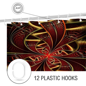 Detail of mandala pattern shower curtain with 12 plastic hooks and hole size measurement