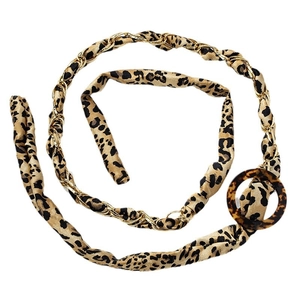 Stylish leopard print belt with gold chain link and round faux tortoiseshell buckle