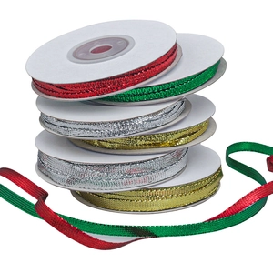 Rolls of metallic Christmas ribbons in red, green, gold and silver for gift wrapping