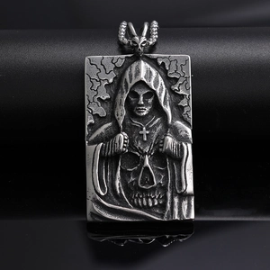 Gothic Grim Reaper Pendant Necklace 316L Stainless Steel Skull Cross Embossed Tag Retro Punk Rock Jewelry For Men Women