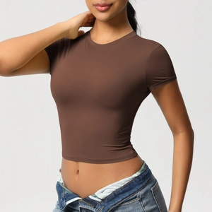 Close-up of brown quick-dry slim fit crop top for yoga and fitness training wear
