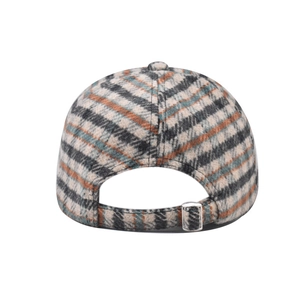 Detailed back view of houndstooth baseball cap with adjustable metal buckle and warm texture