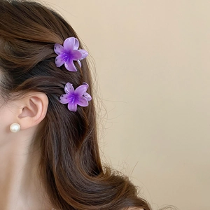 Detail showing a mini purple gradient flower hair claw clip on model's side hair