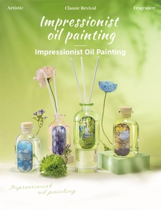 Detailed view of glass reed diffuser bottles with Impressionist oil painting labels
