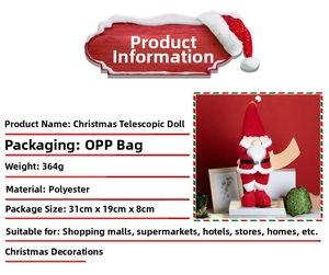 Detail view of telescopic Christmas gnome specs, polyester material and product dimensions