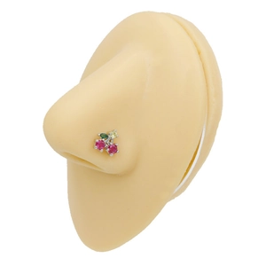 L-shaped cherry nose stud featuring red and pink crystals on a silicone nose model