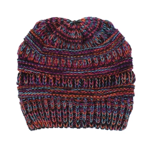 Close-up of multicolor chunky knit beanie showing detailed weave texture and vibrant yarn