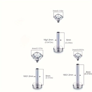 Stainless steel piercing stud with sparkling cubic zirconia in various sizes and dimensions