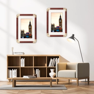 Picture Frames Plastic Wood Grain Texture With Metal Corners For Tabletop And Wall Hanging Decor Elegant Retro Home