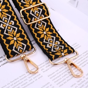 Ethnic wide shoulder strap for crossbody bags with black gold woven pattern and gold hooks