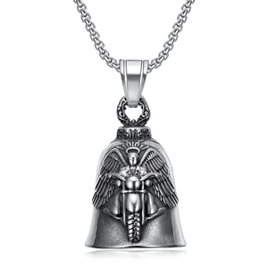 Detailed relief of winged figure on motorcycle bell pendant in stainless steel