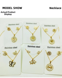 Detail view of various gold-plated stainless steel necklace and earring sets with rhinestones