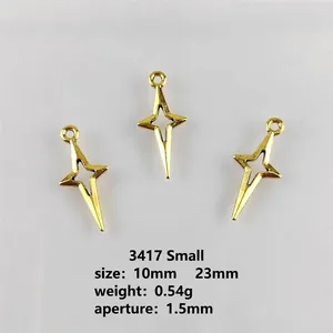 Three gold-plated hollow star pendants with dimension labels for DIY jewelry making