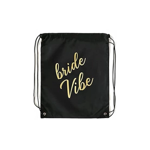 Black drawstring backpack featuring a metallic gold bride Vibe print for weddings