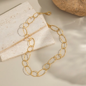 Minimalist 18K gold plated oval link chain necklace with T-bar toggle clasp on stone