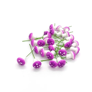 Miniature purple mushrooms with white spots and wire stems for DIY garden decor