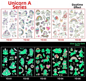 Glow-in-the-dark unicorn tattoos for kids showing day and night effects in five sheets