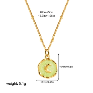 Detail view of 18K gold-plated oval pendant with green enamel and 40+5cm chain dimensions