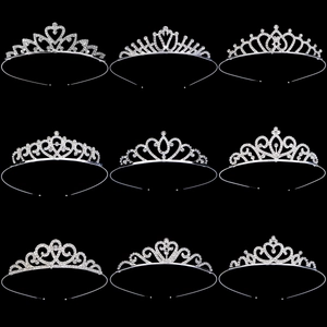 Nine diverse silver crystal princess tiara headbands with heart and floral rhinestone designs