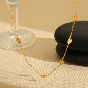 18K gold plated stainless steel necklace with hammered round disc charms for women