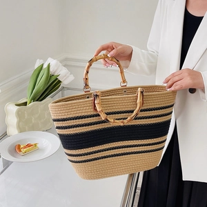 Woven Straw Tote Bag With Bamboo Handle Large Capacity Contrast Stripe Handbag For Women Summer Beach Vacation Travel