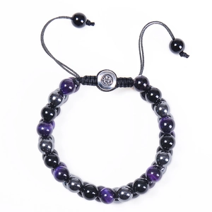 Double-layered 8mm purple tiger eye and obsidian beaded bracelet with Om silver slider